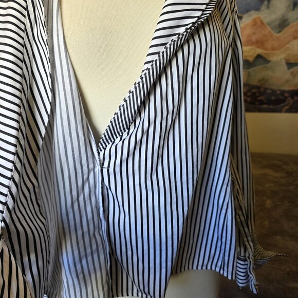 Jones New York Signature Black White Striped Wrap Blouse XL Cotton Tie Waist Top - Picture 11 of 11
